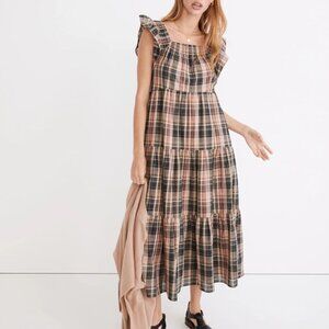 Madewell | Flutter-Sleeve Tiered Midi Dress in Plaid | M